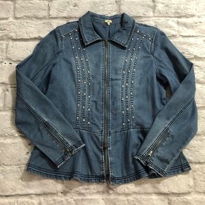 Reba Jean Jacket Studded Zipper Blue Denim Fit and Flare Size Large